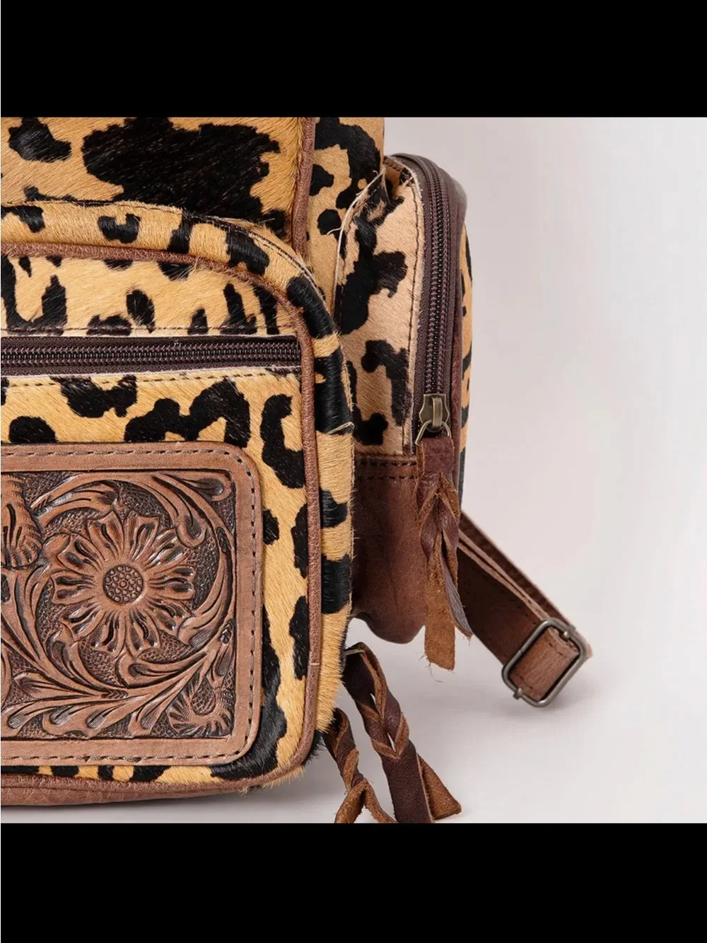 American Darling Leopard-Print Backpack with Brown Leather & Turquoise Accent